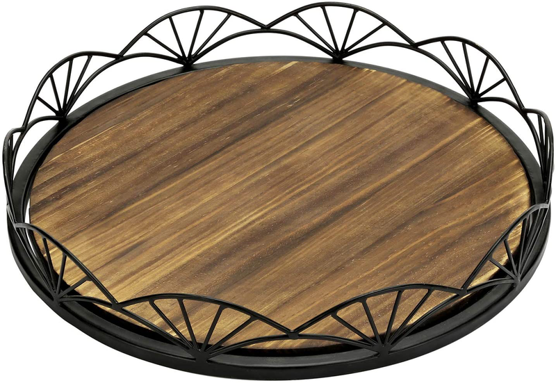 MyGift 12 Inch Dark Brown Burnt Wood Round Decorative Display Serving Tray with Black Metal Fan-Design Rim Home & Garden > Decor > Decorative Trays MyGift   