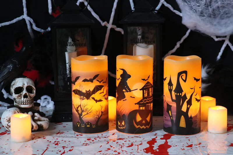 DRomance Flameless Flickering Candles Battery Operated with 6 Hour Timer, Set of 3 Real Wax LED Pillar Candles Warm Light with Castle, Witch, Bats Decal Halloween Decor Candles for Kids(D3" x H6") Arts & Entertainment > Party & Celebration > Party Supplies DRomance   