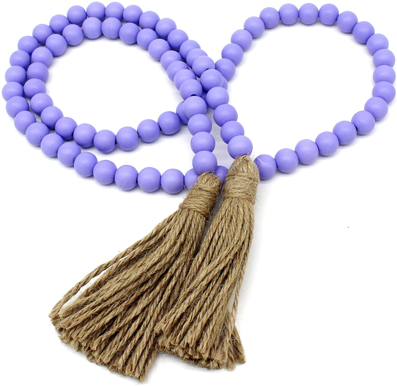 CVHOMEDECO. Wood Beads Garland with Tassels Farmhouse Rustic Wooden Prayer Bead String Wall Hanging Accent for Home Festival Decor. Black Home & Garden > Decor > Seasonal & Holiday Decorations CVHOMEDECO. Purple  