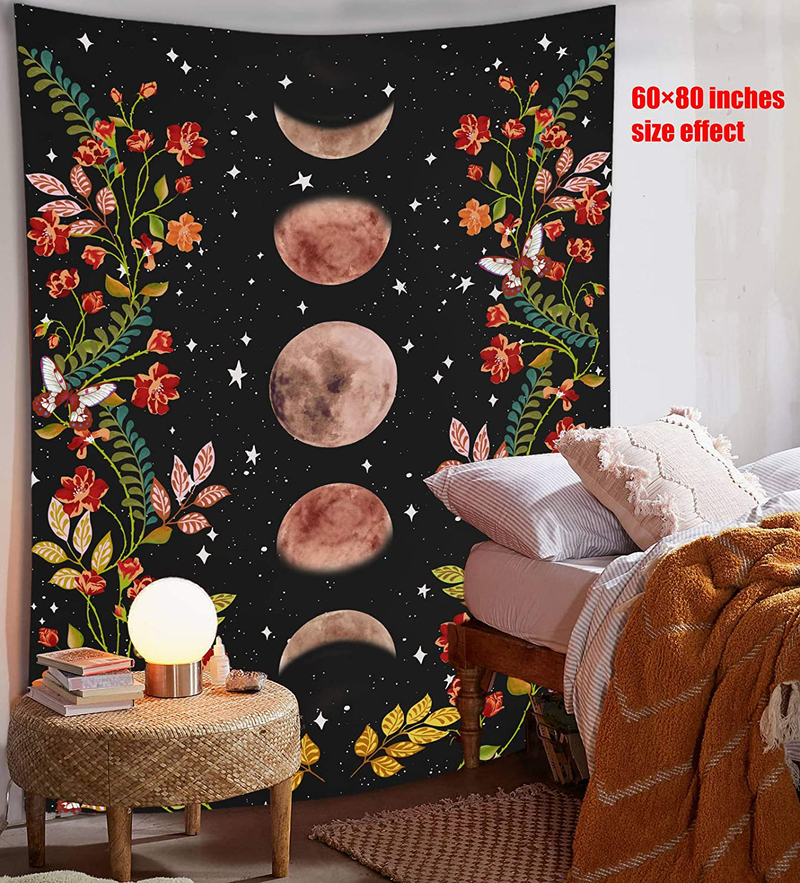 Lifeel Moonlit Garden Tapestry, Moon Phase Surrounded by Vines and Flowers Black Wall Decor Tapestry 36×48 inches Home & Garden > Decor > Artwork > Decorative Tapestries Lifeel   