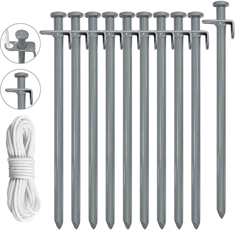 Eurmax USA 10PC Pack 12 Inch Multiuse Heavy Duty Steel Tent Stakes Tarp Pegs Camping Stakes for Outdoor Camping Canopy and Tarp with 4 Ropes 10FT Length(Grey) Sporting Goods > Outdoor Recreation > Camping & Hiking > Tent Accessories Eurmax Gray  