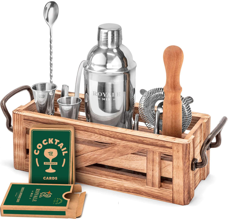 Mixology Bartender Kit with Wooden Stand - Great Housewarming Gift - 12 Piece Bar Tools Set with Cocktail Kit Cards - Premium Bartending Kit for a Fun Bar Set - Stainless Steel Cocktail Shaker Set.