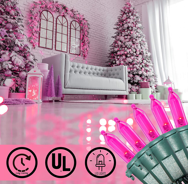 Pink LED Christmas String Lights, 100 Mini Fairy Lights Set, Green Wire 26.9 Ft Traditional Valentines Easter Holiday Décor for Home, Christmas Tree, Bedroom, Patio, Wedding, Indoor Outdoor Decoration Home & Garden > Decor > Seasonal & Holiday Decorations Holiday Essence   