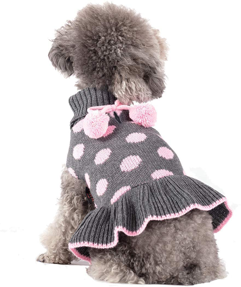 KYEESE Dog Sweater Dress Turtleneck Polka Dot Dog Sweaters with Leash Hole Knitwear Warm Pet Sweater with Pom Pom Ball Animals & Pet Supplies > Pet Supplies > Dog Supplies > Dog Apparel KYEESE Polkadot (Grey) Large (Pack of 1) 