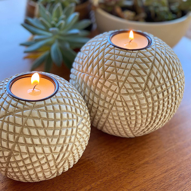 Luca Orb Candle Holders (Gift Boxed Set of 2), Table Centerpieces for Dining or Living Room, Spa, Bathroom, Kitchen Counter, Mantle or Coffee Table Decor (Grid Pattern, Beige and White) Home & Garden > Decor > Home Fragrance Accessories > Candle Holders Huey House   