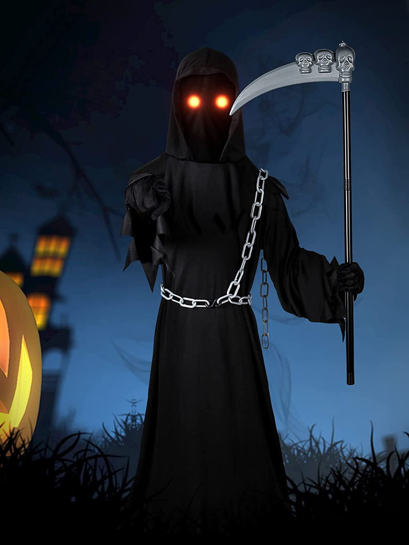 Kids Grim Reaper Costume with Glowing Red Eyes Halloween Cosplay Death Scythe Costume Accessories for Scary Halloween Dress Party Carnival, 10-12 Years