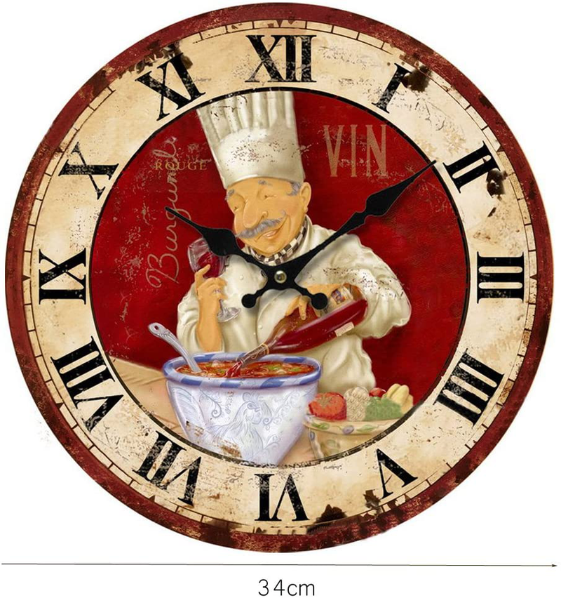KiaoTime 13.5 inch Vintage Wall Clock Italian Cooking Chef Clock Non-Ticking Clock Kitchen Wood Wall Clock Home & Garden > Decor > Clocks > Wall Clocks KiaoTime   