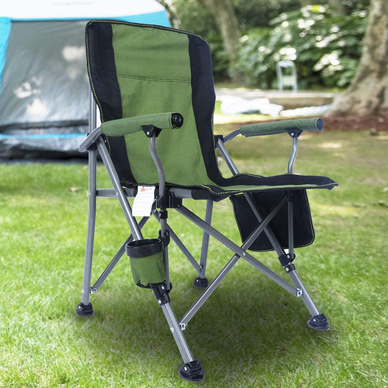 Homcosan Portable Camping Chair Folding Quad Outdoor Large Heavy Duty Support 330 Lbs Thicken 600D Oxford with Padded Armrests, Storage Bag, Beverage Holder, Carry Bag for Outside(Green) Sporting Goods > Outdoor Recreation > Camping & Hiking > Camp Furniture Homcosan Green  
