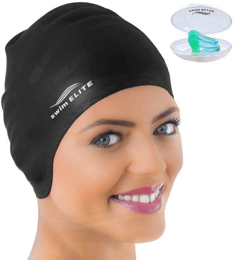 Swim Cap for Long Hair - Silicone Swimcap for Long Hair | Swimming Caps for Women & Men | Silicone Swim Caps for Long Hair - Bathing Cap to Keep Your Hair Dry Sporting Goods > Outdoor Recreation > Boating & Water Sports > Swimming > Swim Caps SWIM ELITE BLACK  
