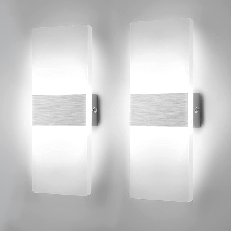 Modern Wall Sconces Set of Two, 12W LED Acrylic Wall Lights, 6000K Cold White Wall Mounted Lamps, Hardwired Indoor Light Fixtures for Bedroom Stairway Living Room, Christmas Decor, No Plug