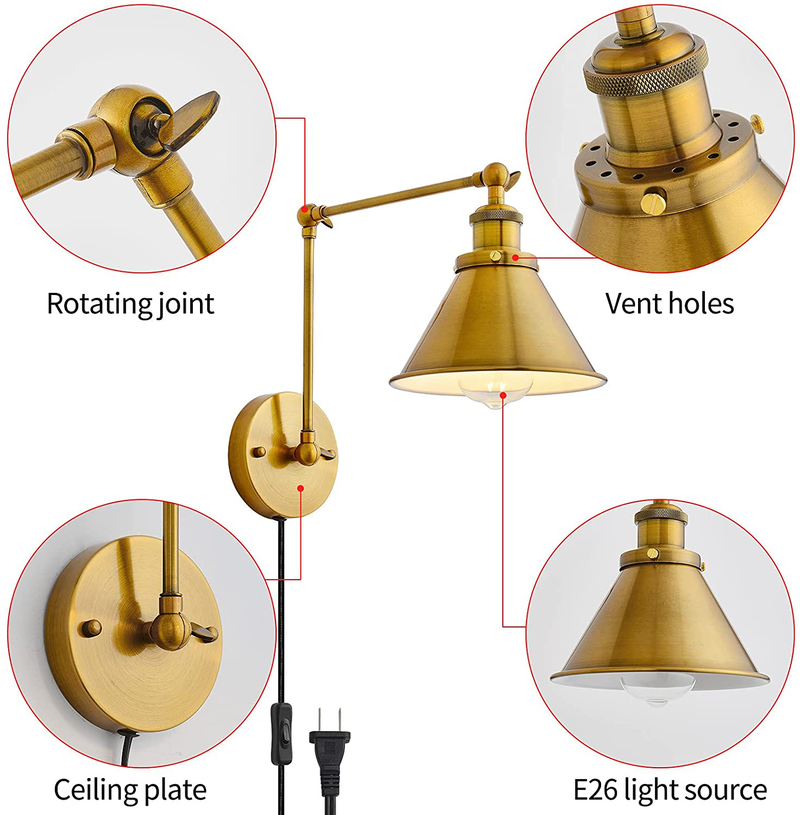Plug in Wall Sconces Set of 2,Gold Sconces Wall Lighting Set of Two Wall Sconce,Brass Wall Sconces Decor with 1.2M On/Off Switch Cable,Indoor Wall Lighting for Bedroom Reading Light Home & Garden > Lighting > Lighting Fixtures > Wall Light Fixtures KOL DEALS   