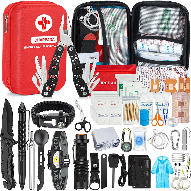 Emergency Survival Kit 176Pcs Gifts for Men Dad Husband Survival Gear Tool Kit Survival Tool Emergency Blanket Tactical Pen Pliers for Wilderness Camping Hiking First Aid for Earthquake Sporting Goods > Outdoor Recreation > Camping & Hiking > Camping Tools CHAREADA RED  