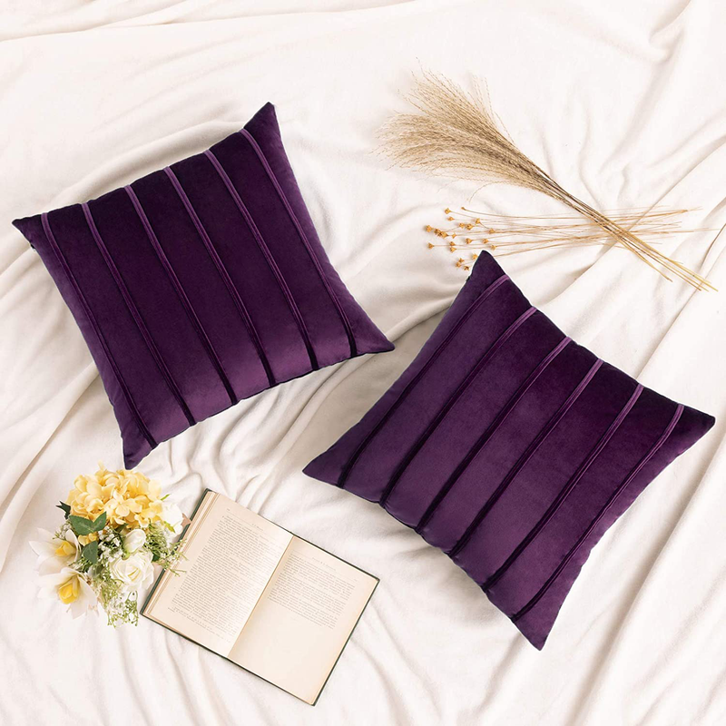 MIULEE Decorative Velvet Throw Pillow Covers Soft Solid Pillowcases Striped Lumbar Square Cushion Covers for Couch Sofa Bed Living Room 18X18 Inch, Pack of 2, Cream White Home & Garden > Decor > Chair & Sofa Cushions MIULEE Eggplant Purple 18''x18'' 
