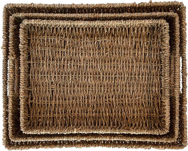 DIDDY LU - Handmade Woven Serving Tray - Set of 3 - Rectangle - Natural Rattan Storage Basket - Rectangle - Ottoman Tray Boho Coffee Table Decor - Decorative Basket - Seagrass (Rectangle)