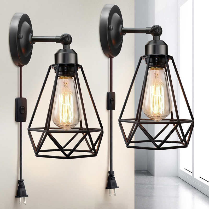 Plug in Wall Sconce, Wire Cage Wall Sconce, Industrial Wall Lamp with Plug in Cord, Rustic Wall Sconce Fixture, On/Off Switch Vintage Wall Light Fixture for Headboard Bedroom Porch-2 Pack Home & Garden > Lighting > Lighting Fixtures > Wall Light Fixtures KOL DEALS   