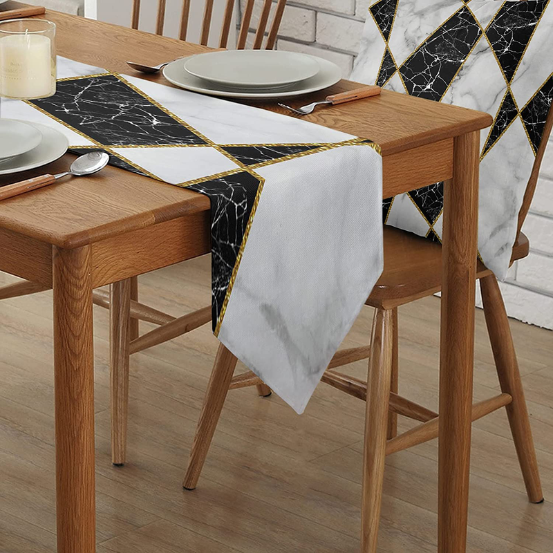Loopop Marble Table Runner-Cotton Linen-Long Inches Dresser Scarves, Farmhouse Table Runner for Valentine Day Wedding Dining End Table Decor Black White Golden Home & Garden > Decor > Seasonal & Holiday Decorations LooPoP   
