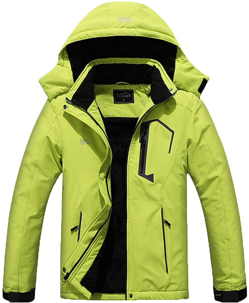 Pooluly Men's Ski Jacket Warm Winter Waterproof Windbreaker Hooded Raincoat Snowboarding Jackets  Pooluly Light Green Large 