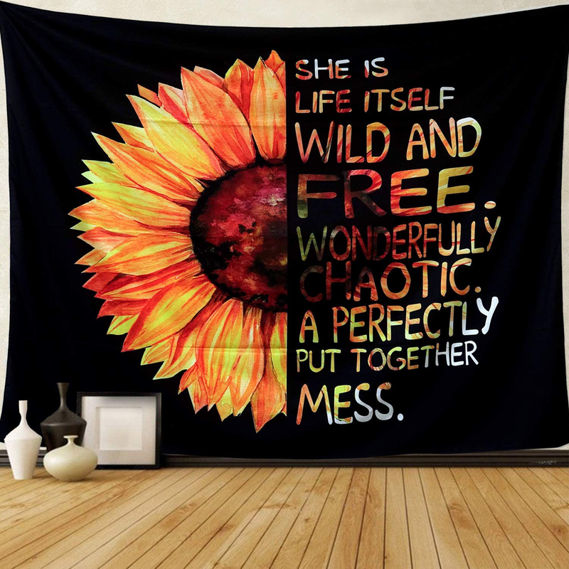 Sunflower Tapestry Black and Yellow Flower Tapestry Quotes Wall Tapestry for Living Room Bedroom，59''x51" Home & Garden > Decor > Artwork > Decorative Tapestries Grace Store   