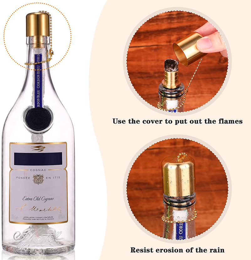 Nuanchu 8 Sets Wine Bottle Torch Kit DIY Homemade Torch, Include Brass Torch Wick Holders with Washer, Fiberglass Replacement Torch Wicks and Copper Lamp Cover (Coated (Hard), 9.8 Inch Long)