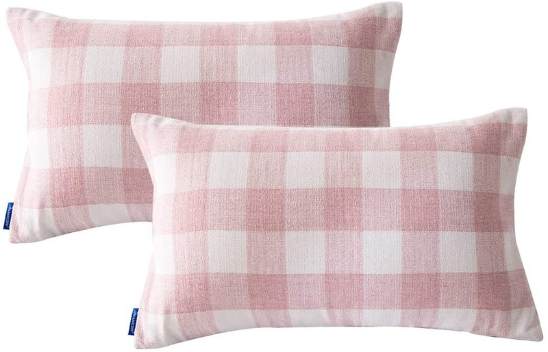 JES&MEDIS Square Cotton Pillowcases Cushion Covers with Checkered Pattern Throw Pillow Covers, 18X18 Inch, Pink, Set of 2, No Pillow Insert Home & Garden > Decor > Chair & Sofa Cushions JES&MEDIS Checkered, Pink 12" x 20", 2 packs 