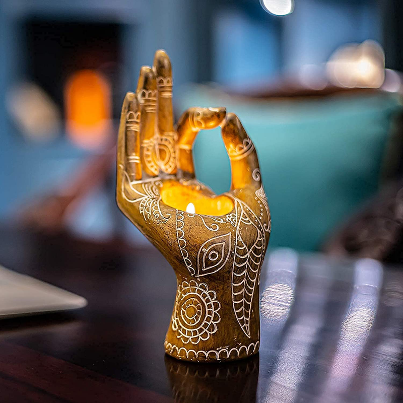 FLJZCZM Meditation Decor - Buddha Candle Holder Mudra Hand Decor Statues Home Office Collectible Figurines ，Resin Retro Small Tealight Lights for Meditation Relaxing Gift (Wooden)