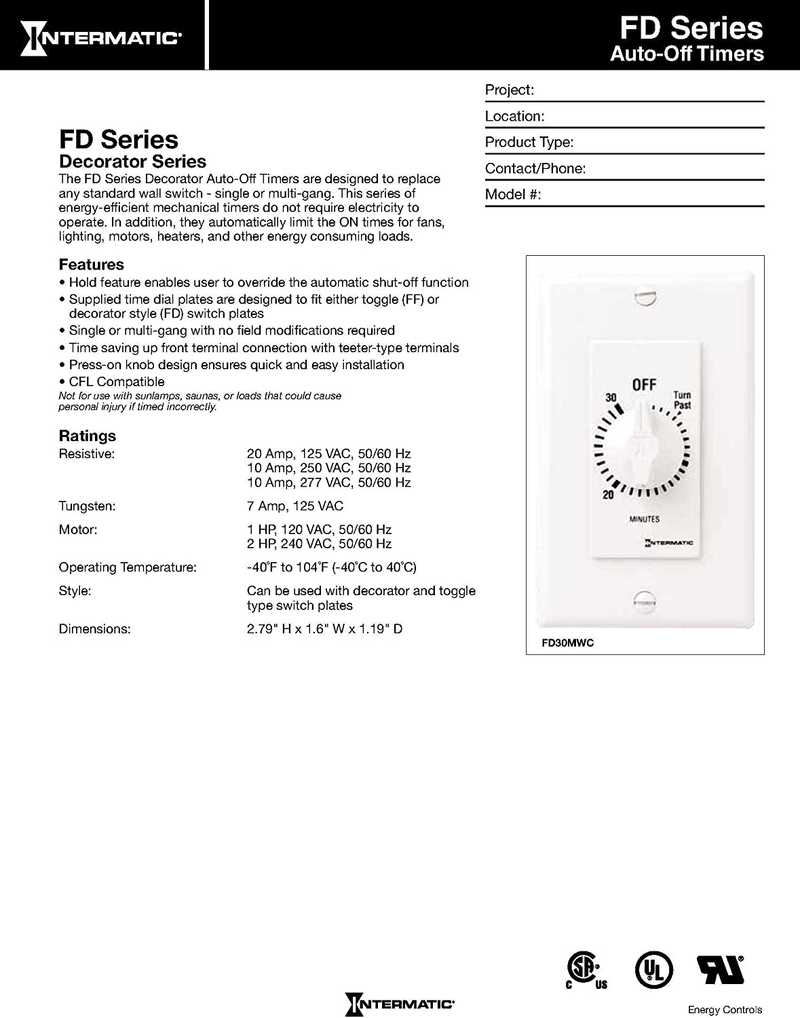 Intermatic FD460MW 60-Minute Spring-Loaded Wall Timer for Lights and Fans, White Home & Garden > Lighting Accessories > Lighting Timers Intermatic   