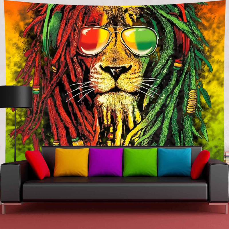 Simsant Rasta Rastafarian Tapestry Lion Head Bob Tapestry Wall Hanging Backdrop for Living Room Bedroom Dorm Psychedelic Decor Tapestry (80"x60") Home & Garden > Decor > Artwork > Decorative Tapestries Simsant 92.5"x70.9"  