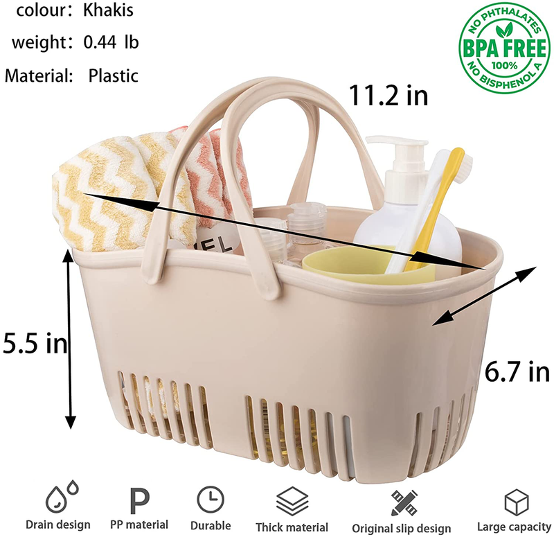 Rejomiik Shower Caddy Basket, Portable Shower Tote, Plastic Organizer Storage Basket with Handle Drainage Toiletry Bag Bin Box for Bathroom, College Dorm Room Essentials, Kitchen, Camp, Gym- Khakis Sporting Goods > Outdoor Recreation > Camping & Hiking > Portable Toilets & Showers rejomiik   