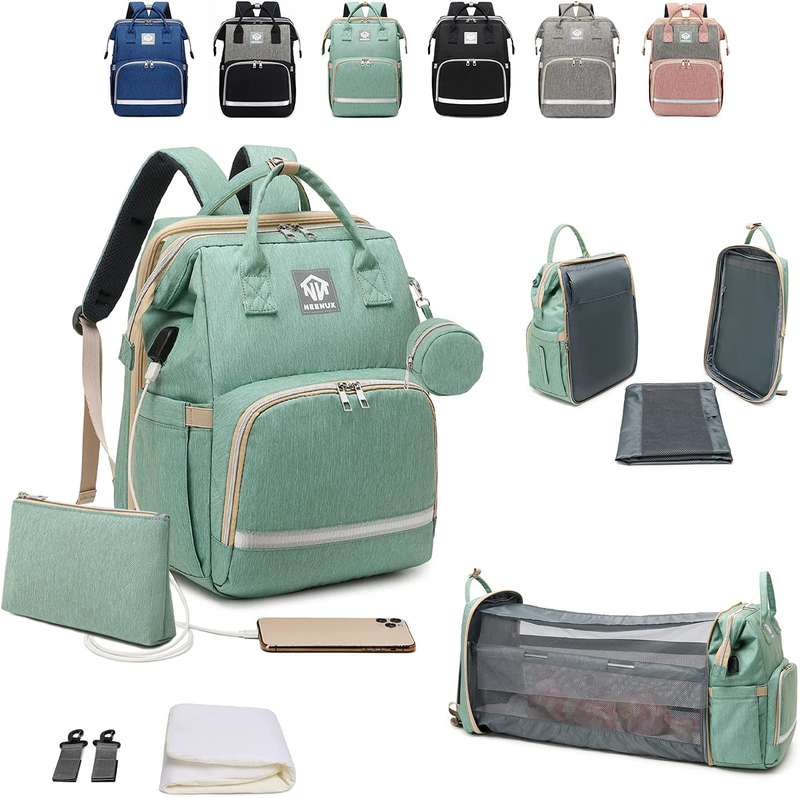 NEENUX Diaper Bag Backpack - 3 in 1 Diaper Bag with Changing Station, Baby Bag Backpack, Travel Bassinet Foldable Baby Bed, Portable Changing Pad, Diaper Bags for Baby Girl and Boy, USB Charging Port Sporting Goods > Outdoor Recreation > Camping & Hiking > Mosquito Nets & Insect Screens NEENUX Green  