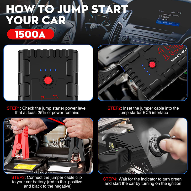 NEXPOW Car Battery Starter, 1500A Peak 21800mAh 12V Portable Auto Car Battery Charger Jump Starter Battery Pack with USB Quick Charge 3.0, Type-C (Up to 6.5L Gas or 4L Diesel Engine) Vehicles & Parts > Vehicle Parts & Accessories > Vehicle Maintenance, Care & Decor > Vehicle Repair & Specialty Tools > Vehicle Jump Starters NEXPOW   