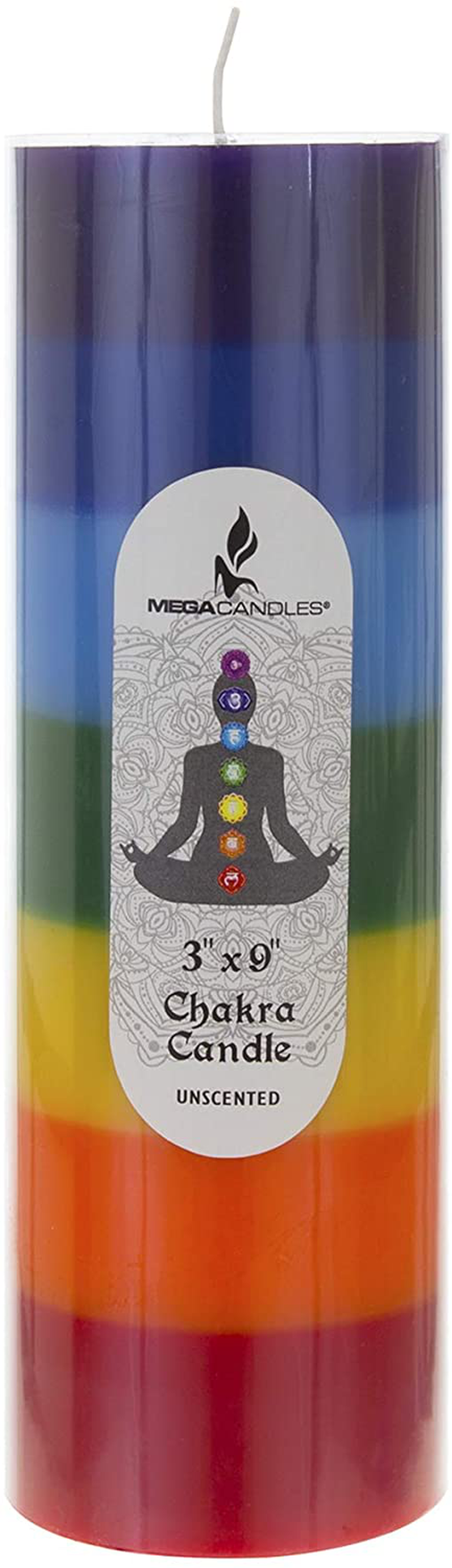 Mega Candles Unscented Multi Color Chakra Round Pillar Candle, Hand Poured Premium Wax Candles 3 Inch x 9 Inch, Cotton Wick, Promotes Positive Energy, Aids Meditation, Relaxation & More Home & Garden > Decor > Home Fragrances > Candles Mega Candles 1 3" x 9" Round 