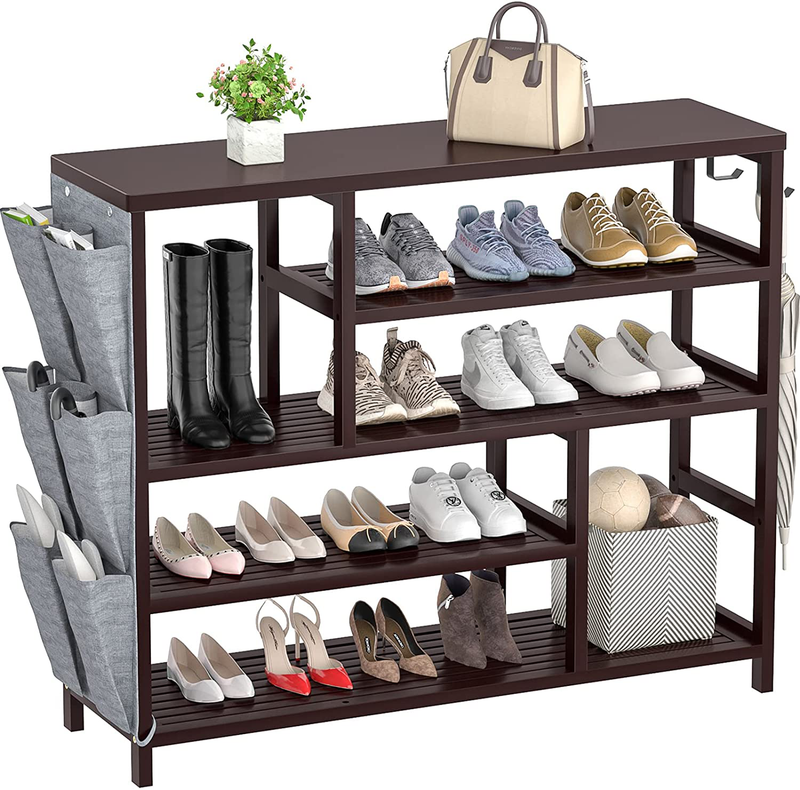 Homykic Shoe Rack for Entryway, 5-Tier Bamboo Boots Shoes Storage Shelf Organizer Free Standing Table with Slippers Pockets and Hooks for Closet, Front Door, Hallway, Living Room, Mudroom, Walnut Furniture > Cabinets & Storage > Armoires & Wardrobes Homykic Espresso  