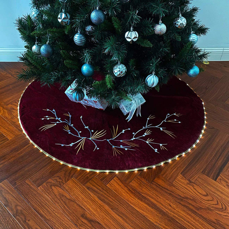 Halo Christmas Tree Skirt 50" with Programmable LED Lights - Wine Red Velvet Quilted Holly Flowers Embroidery Home & Garden > Decor > Seasonal & Holiday Decorations > Christmas Tree Skirts Halo Christmas tree skirt   