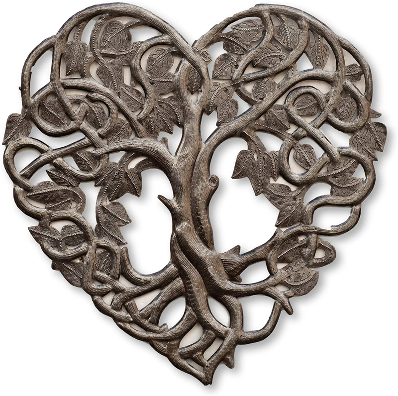 Handmade Tree of Life, Small Heart Shaped Wall Hanging Plaques, Decorative Figurine, Recycled Steel Artwork,14.25 In. X 14.25 In. (Heart Tree of Life) Home & Garden > Decor > Artwork > Sculptures & Statues It's Cactus Heart Shaped Tree  