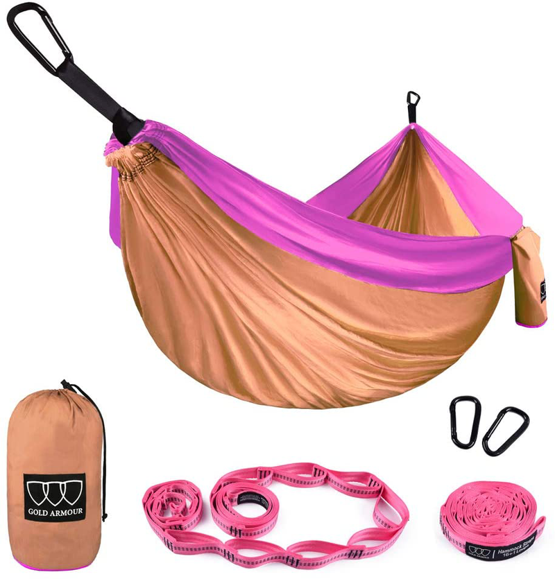 Gold Armour Camping Hammock - Extra Large Double Parachute Hammock USA Based Brand Lightweight Nylon Adults Teens Kids, Camping Accessories Gear (Sky Blue and Gray) Home & Garden > Lawn & Garden > Outdoor Living > Hammocks Gold Armour Peach and Pink  