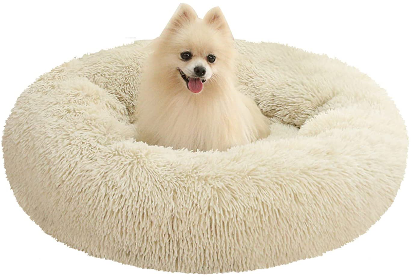 Slowton Calming Dog Bed, Donut Dog Cuddler Bed Ultra Soft Fluffy Faux Fur Plush round Anti-Anxiety Dog Cat Cushion Bed with Cozy Non-Slip Bottom for Large Medium Small Dogs , Machine Washable Animals & Pet Supplies > Pet Supplies > Dog Supplies > Dog Beds SlowTon Surgar Cookie Medium 28" 