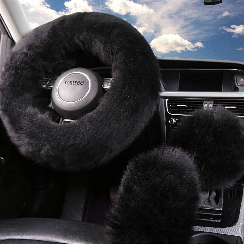 Yontree Fashion Fluffy Steering Wheel Covers for Women/Girls/Ladies Australia Pure Wool 15 Inch 1 Set 3 Pcs (Black) Vehicles & Parts > Vehicle Parts & Accessories > Vehicle Maintenance, Care & Decor > Vehicle Decor > Vehicle Steering Wheel Covers Yontree Black Long Hair 