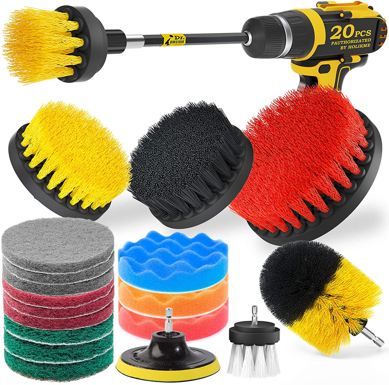 Holikme 20Piece Drill Brush Attachments Set, Scrub Pads & Sponge, Buffing Pads, Power Scrubber Brush with Extend Long Attachment, Car Polishing Pad Kit Hardware > Tools > Multifunction Power Tools Holikme Yellow  