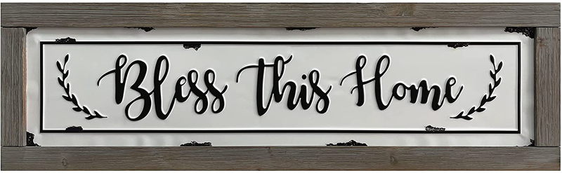 PrideCreation Bless This Home Wall Signs, 36x11 inch Rustic Enamel Wood Framed Metal Wall Hanging Decor Art, Inset Embossed Farmhouse Vintage Decorative Gift for Living Dining Room Bedroom Kitchen Home & Garden > Decor > Artwork > Sculptures & Statues PrideCreation 02-Enamel Bless  