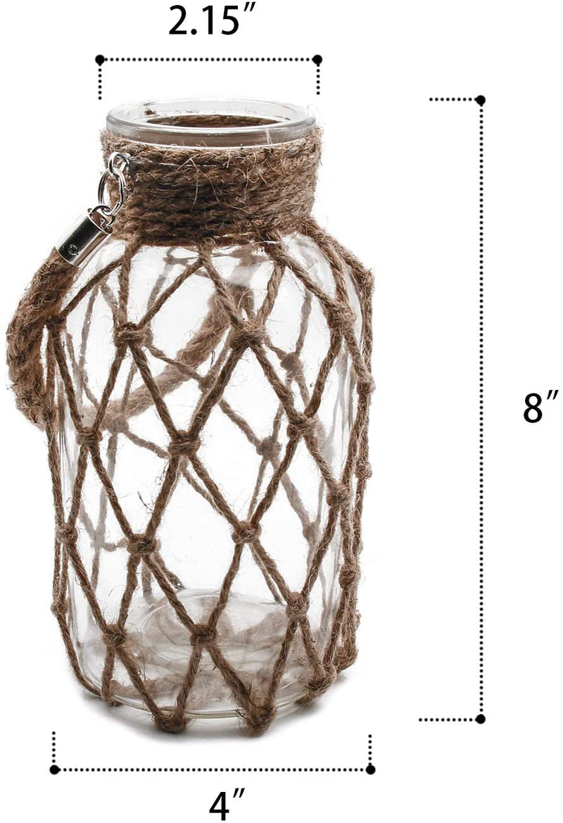 Funsoba Rustic Hanging Mason Nautical Jar Rope Net Dry Flower Glass Vase with Handle Pack of 2 (2 Vase 8") Home & Garden > Decor > Vases FUNSOBA   