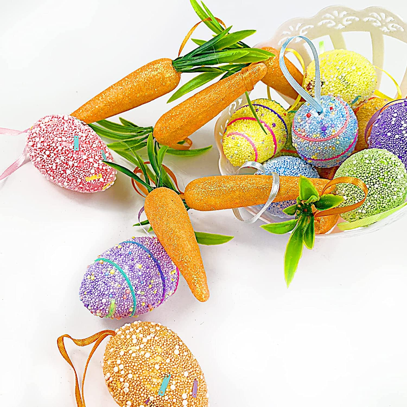 Easter Egg Ornaments and Carrot Hanging Ornaments 12 Pieces Colorful Foam Easter Hanging Egg Ornaments 6 Pieces Premium Foam Glitter Artificial Carrots Easter Tree Decorations Home Party DIY Crafts