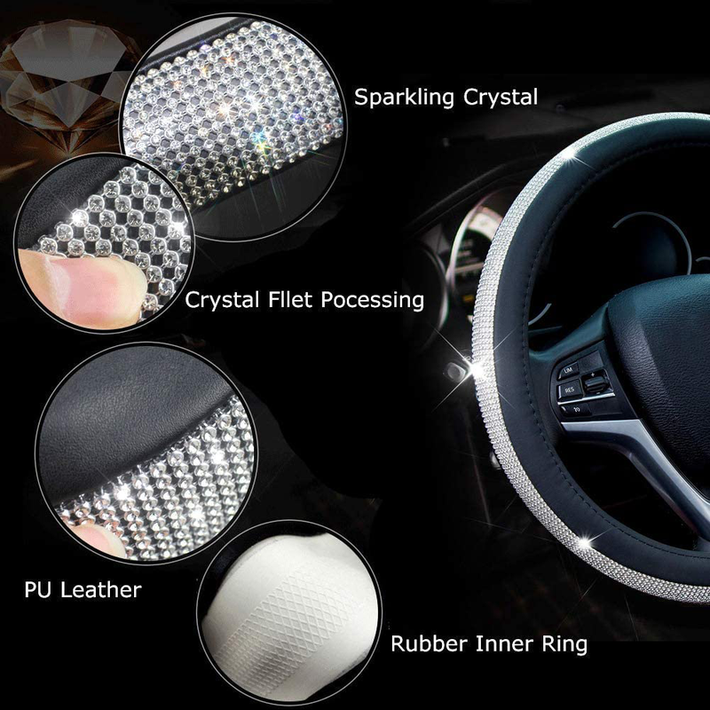 New Diamond Leather Steering Wheel Cover with Bling Bling Crystal Rhinestones, Universal Fit 15 Inch Car Wheel Protector for Women Girls,Black Vehicles & Parts > Vehicle Parts & Accessories > Vehicle Maintenance, Care & Decor > Vehicle Decor > Vehicle Steering Wheel Covers ChuLian   