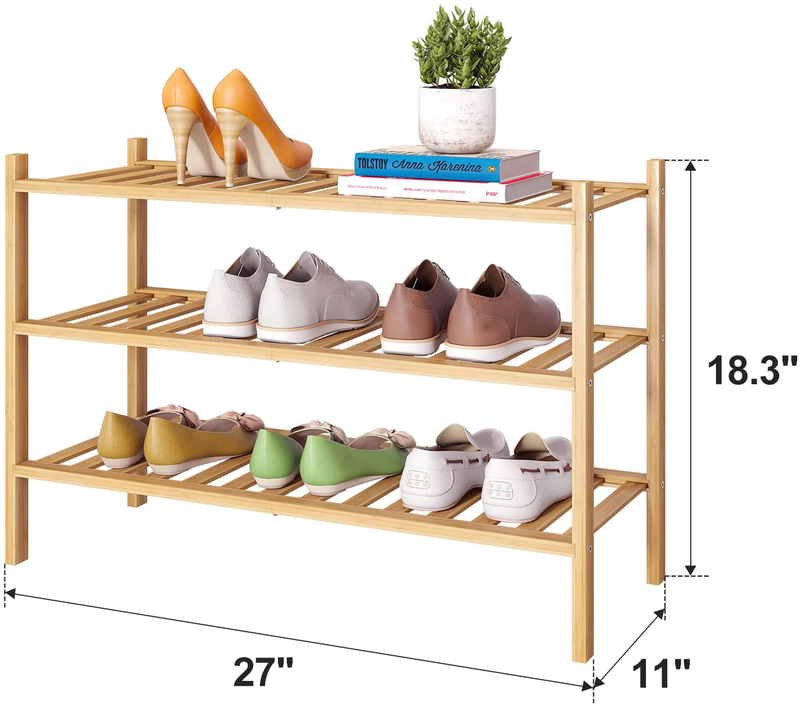 FILWH Bamboo Shoe Rack Stackable Shoe Shelf Storage Organizer for Unit Entryway Hallway and Closet Sturdy Freestanding Shoe Shelf Natural (3 Tier)
