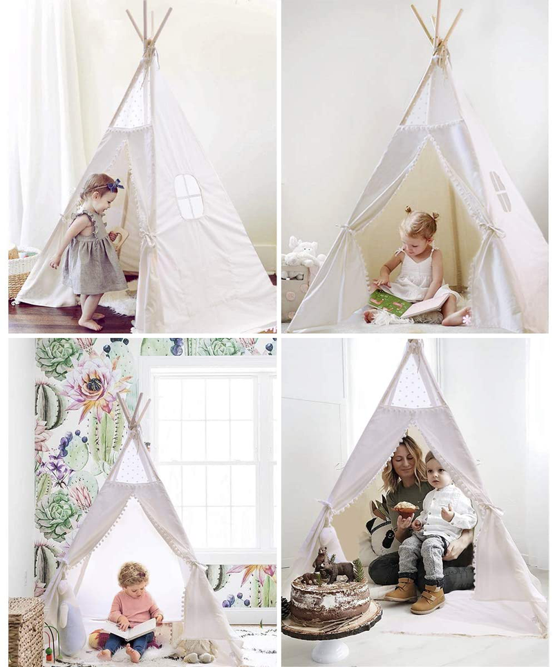 Joynote Teepee Tent for Kids Indoor Tents with Mat, Inner Pocket, Unique Reinforcement Part - Foldable Play Tent Canvas Tipi Childrens Tents for Girls & Boys (White)