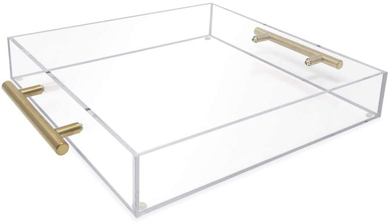 Isaac Jacobs Clear Acrylic Serving Tray (11x14) with Gold Metal Handles, Spill-Proof, Stackable Organizer, Food & Drinks Server, Indoors/Outdoors, Lucite Storage Décor (11x14, Clear with Gold Handle) Home & Garden > Decor > Decorative Trays Isaac Jacobs International Clear With Gold Handle 12x12 