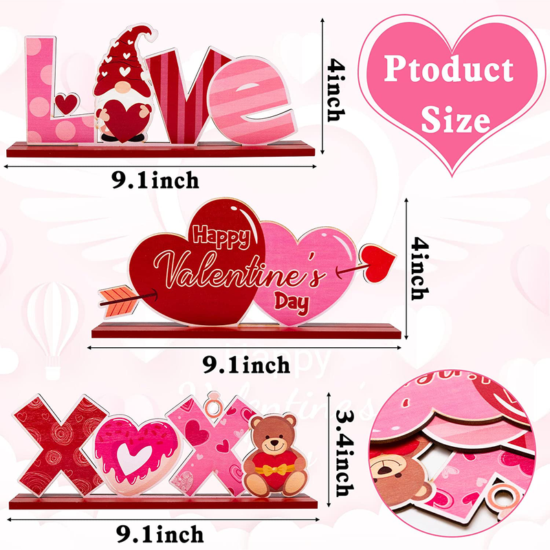 Haooryx 3PCS Valentine'S Day Wooden Table Centerpieces, Love Heart Shape Table Topper Sign Wood Craft Center Piece Decor Valentines Dinner Party Wedding Anniversary Table Topper Decorations