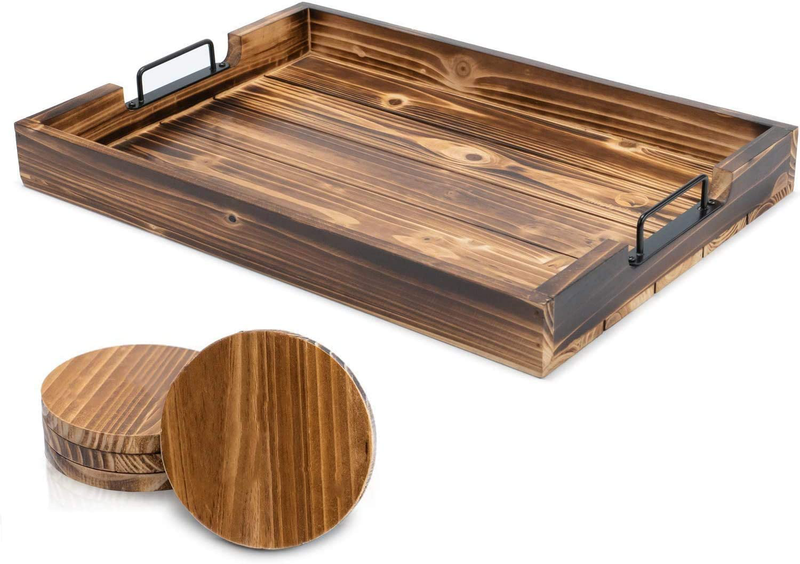 Ottoman Tray for Coffee Table - 17 x 13 Inch Decorative Serving Tray with Handles For Coffee Table and Living Room - Including 4 Round Wooden Coasters - By SimplyKitchenPlus Home & Garden > Decor > Decorative Trays SimplyKitchen Plus   
