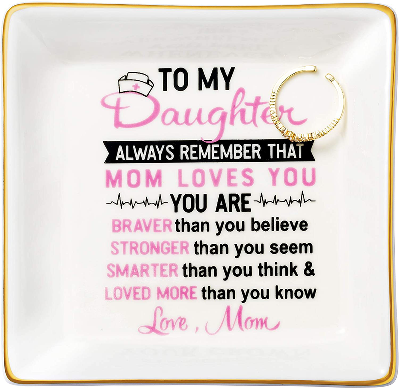 JoycuFF Gifts for Mom Ring Trinket Dish Decorative Mama Jewelry Tray Unique Presents for Birthday Mother's Day Thanksgiving Day Christmas Cute Home Decor Home & Garden > Decor > Decorative Trays Hongyang To my daughter always remember that mom loves you  