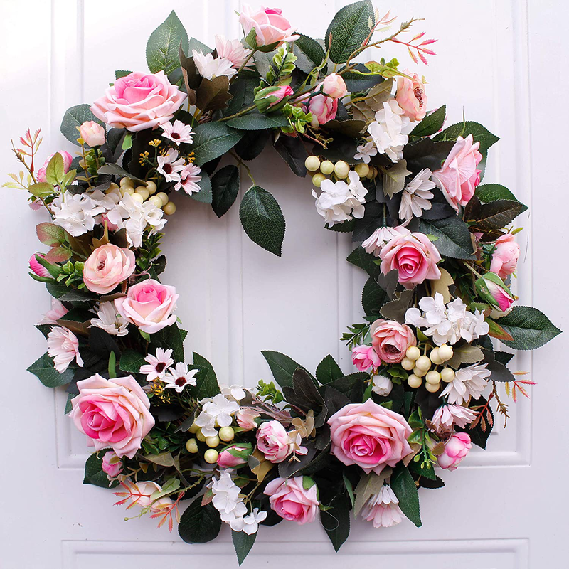 Dseap Wreath - 21”, Rose: Large Rustic Farmhouse Decorative Artificial Flower Wreath, Faux Floral Wreath for Front Door Window Wedding Outdoor Indoor - Round, Pink Home & Garden > Plants > Flowers Dseap Pink(21-inches)  