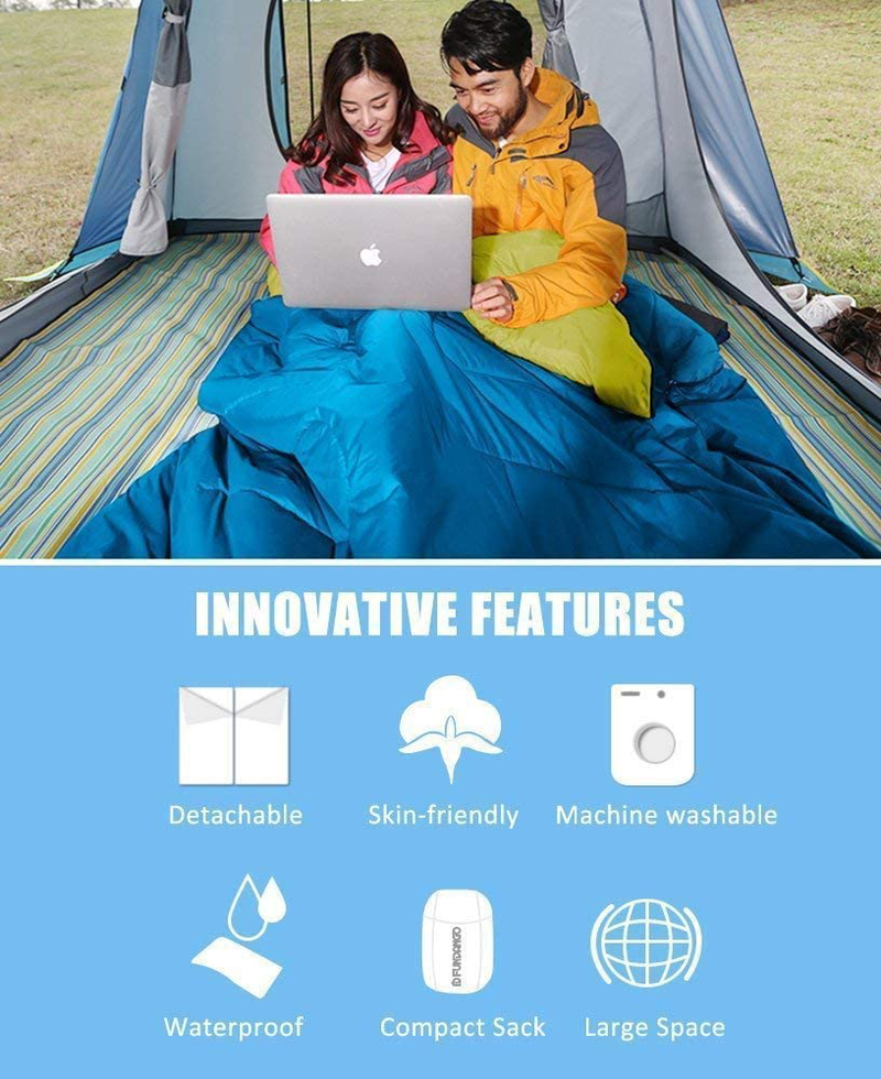 FUNDANGO 3-In-1 XL Queen Double 2 Person Sleeping Bag with 2 Pillows for Family, Couple, Adult, Oversize Lightweight Waterproof Warm Weather Sleeping Bag for Camping, Hiking, Backpacking